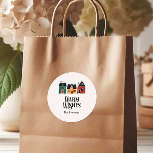 Sticker Rond Tag Cadeau Chaleureux, Village de Vacances