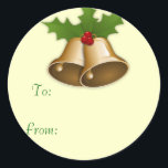 Sticker Rond Tags cadeaux Christmas Bells<br><div class="desc">Tags cadeaux de Noël avec un graphique de cloches de Noël avec sainte. Utilisez ces étiquettes cadeaux qui peuvent être customisées pour votre cadeau de Noël.</div>