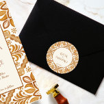 Sticker Rond Talavera terracotta vintage mariage mexicain<br><div class="desc">Carreaux en terre cuite marron portugais Talavera tuiles vintage Mexique mariage autocollant modèle méditerranéen orné Talavera tuiles collants de mariage motif avec les noms de mariée et de mariée autocollants pour enveloppes mariages pour les faveurs de mariage style Hacienda autocollants de mariage</div>