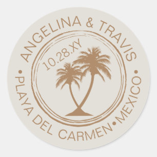Sticker Rond Tampon de mariage de plage avec palmier