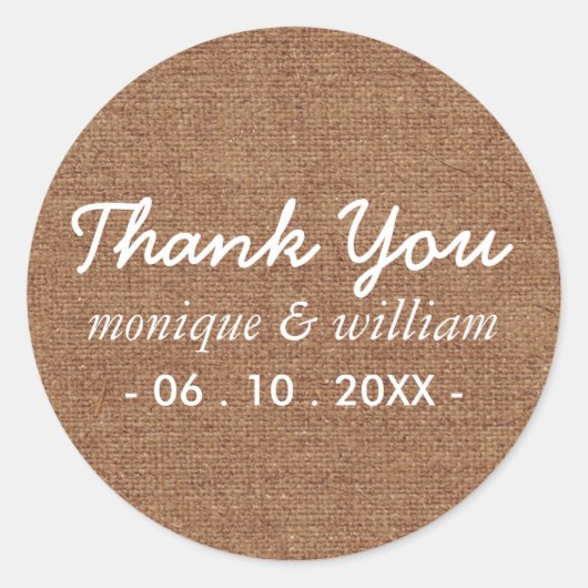 Sticker Rond Tan Faux Burlap Moderne Mariage de Merci curieux (Devant)