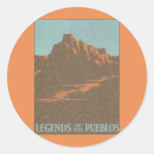 Sticker Rond Taos Pueblos vintage du Nouveau-Mexique, affiche d