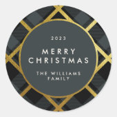Sticker Rond Tartan à carreaux dorés et vert foncé Joyeux Noël (Devant)