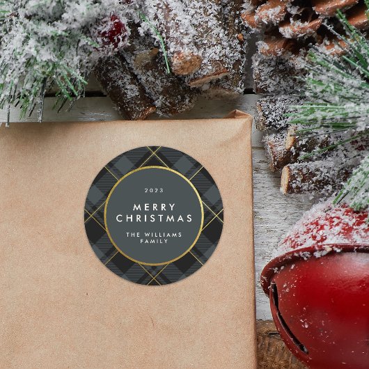 Sticker Rond Tartan à carreaux dorés et vert foncé Joyeux Noël