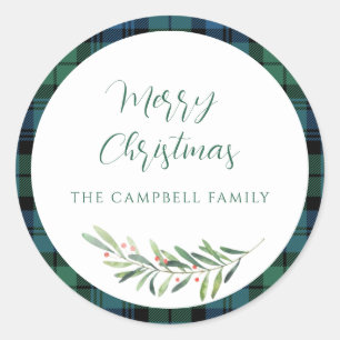 Sticker Rond Tartan de Noël en chèque vert Plaid