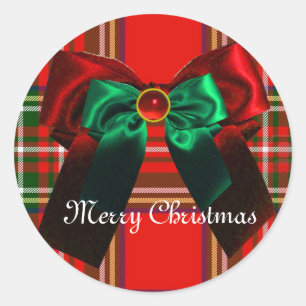 STICKER ROND TARTAN ÉCOSSAIS ET ROUGE GREEN BOWS NOËL PARTI