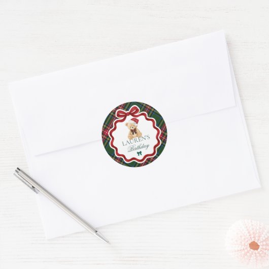 Sticker Rond Tartan Plaid Christmas Bear Birthday Envelope Seal (Enveloppe)