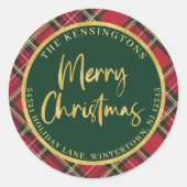 Sticker Rond Tartan Plaid Gold Script Christmas Adresse de reto (Devant)