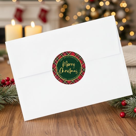 Sticker Rond Tartan Plaid Gold Script Christmas Adresse de reto