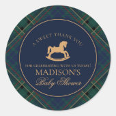 Sticker Rond Tartan Plaid Rocking Horse Baby Shower Favor (Devant)
