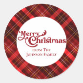 Sticker Rond Tartan rouge traditionnel Joyeux Noël fête (Devant)
