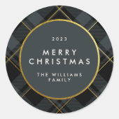 Sticker Rond Tartan vert doré et foncé Joyeux Noël (Devant)