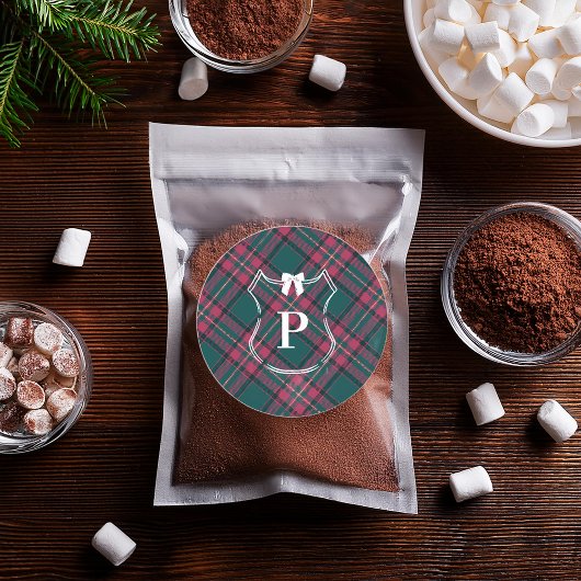 Sticker Rond Tartan Vert & Rose | Monogramme Personnalisé de No