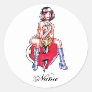 Sticker Rond Tatouage Cool manga Girl Heart et Dagger
