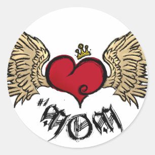 Sticker Rond Tatouage Maman Couronné Coeur avec ailes