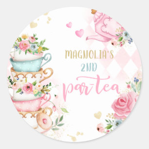 Sticker Rond Tea Party Anniversaire Fille Rose & Or Floral Par 