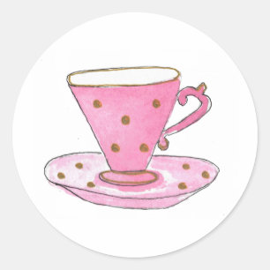 Sticker Rond Tea Party baby shower   Coupe de thé rose aquarell