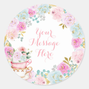 Sticker Rond Tea Party Baby shower Pastel Fleurs