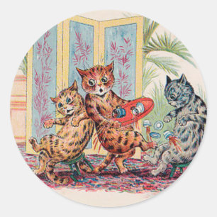 Sticker Rond Tea Party CATastrophe - Louis Wain's Cat Art