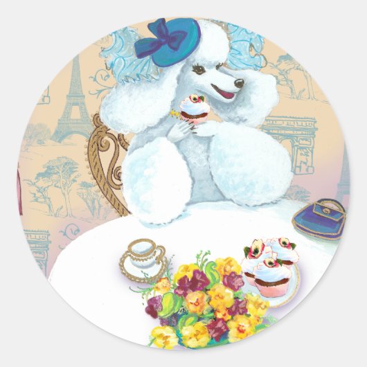 Sticker Rond Tea Party de caniche blanc (Devant)