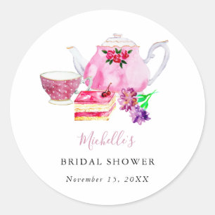 Sticker Rond Tea Party Fête des mariées Blush Dusty Rose Teapot