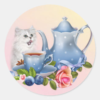 Sticker Rond Tea time kitten