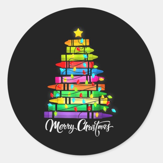 Sticker Rond Teacher Crayon Merry Christmas Tree Lights School (Devant)