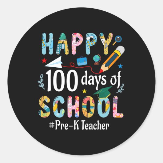 Sticker Rond Teacher Fun 100th Day Of School (Devant)
