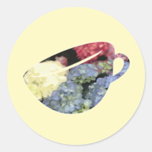 Sticker Rond Teacup bleu et rose Hydrangea Fleur Peinture