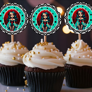 Sticker Rond Teal and Red Roses Sugar Skulls