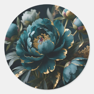 Sticker Rond Teal Peony Gold Luxe Botanical Bloom