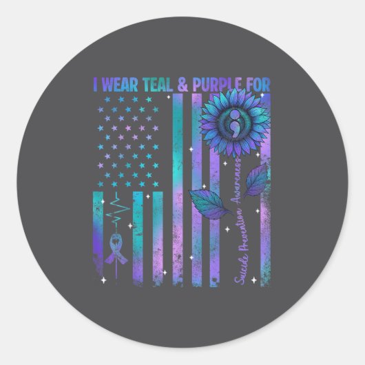 Sticker Rond Teal Purple Us Usa Flag Suicide Prevention Awarene (Devant)