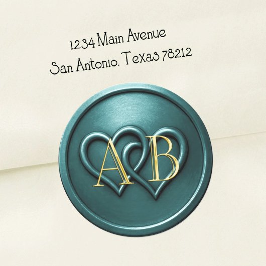 Sticker Rond Teal Two Hearts Intertwined Monogram Wedding