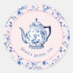 Sticker Rond Teapot Chinoiserie rose et bleu Thé nuptial