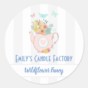 Sticker Rond Teapot rose avec Fleurs et Papillons Nom parfum
