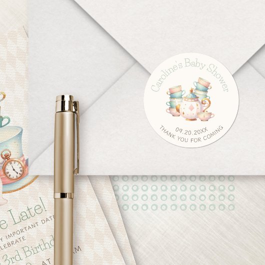 Sticker Rond Teapot Teacups Wonderland Douche Anniversaire