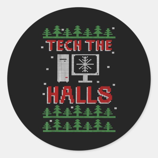 Sticker Rond Tech The Halls Ugly Computer Geek Festive Christma (Devant)