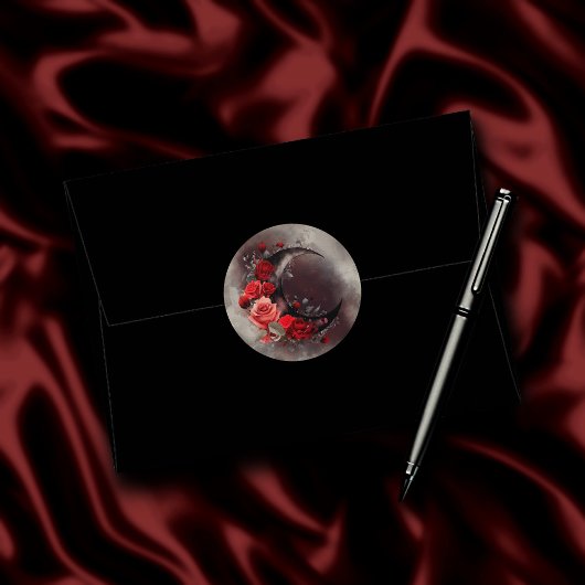 Sticker Rond Técherie | Lune de croissant avec des roses rouges