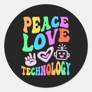 Sticker Rond Technologie vintage Peace Love Retro Computer Teac