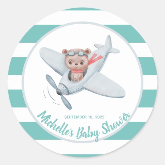 Sticker Rond Teddy Bear Avion Baby Shower Mixte (Devant)