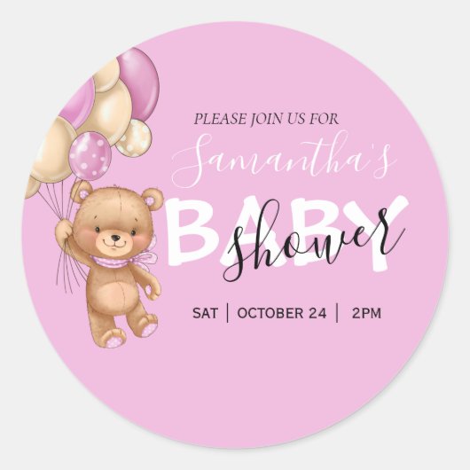 Sticker Rond Teddy Bear Balloon Bébé Douche Invitations Classi (Devant)