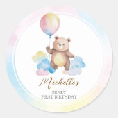 Sticker Rond Teddy Bear Balloon Clouds Beary First Birthday (Devant)