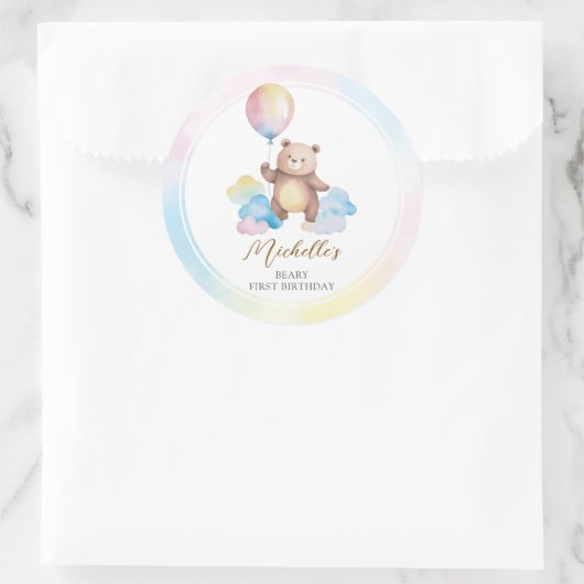 Sticker Rond Teddy Bear Balloon Clouds Beary First Birthday (Sac)