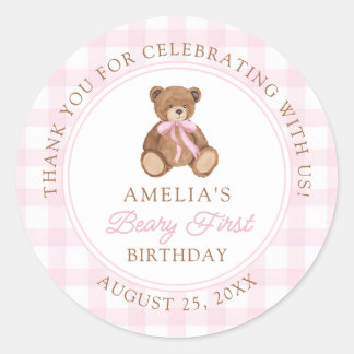 Sticker Rond Teddy Bear Beary First 1st Birthday Party