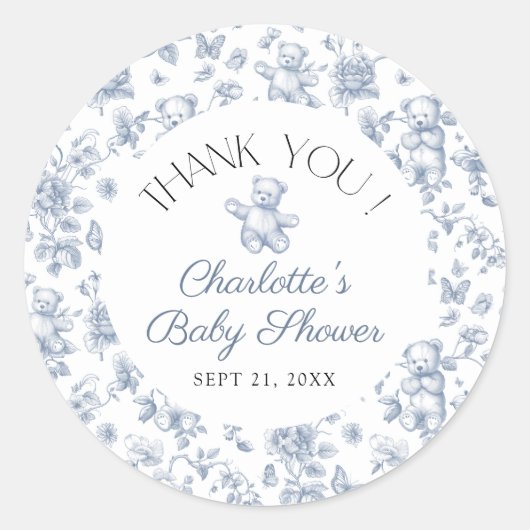 Sticker Rond Teddy Bear Blue Toile Boy Baby shower Merci (Devant)