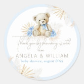Sticker Rond Teddy Bear Boho Blue Boy Merci Baby shower (Devant)