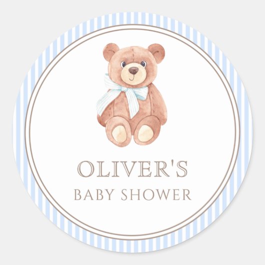 Sticker Rond Teddy Bear Boy Classic Baby shower Party (Devant)