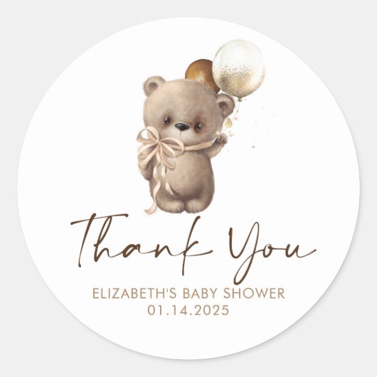 Sticker Rond Teddy Bear Brown Baby shower or Merci (Devant)