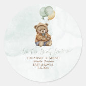 Sticker Rond Teddy Bear Brown Sage Green Balloons Baby (Devant)
