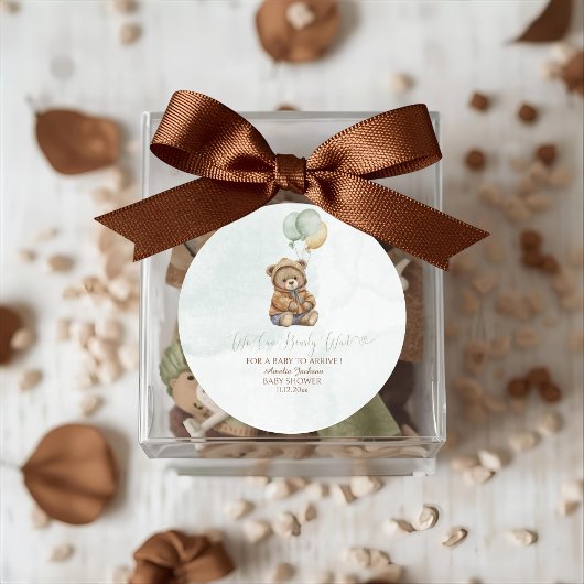 Sticker Rond Teddy Bear Brown Sage Green Balloons Baby